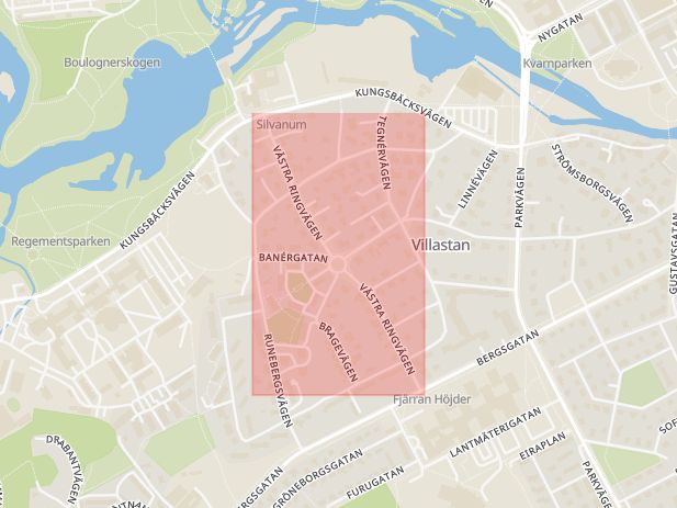 Karta som med röd fyrkant ramar in Västra Ringvägen, Gävle, Gävleborgs län