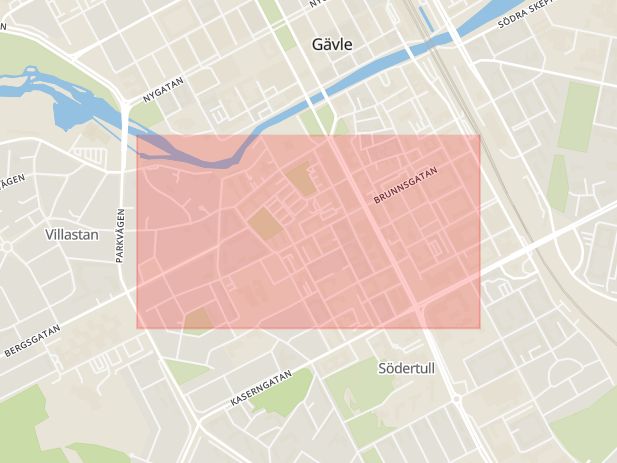Karta som med röd fyrkant ramar in Brunnsgatan, Gävle, Gävleborgs län