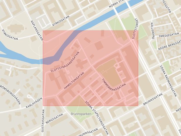 Karta som med röd fyrkant ramar in Hamiltongatan, Gävle, Gävleborgs län