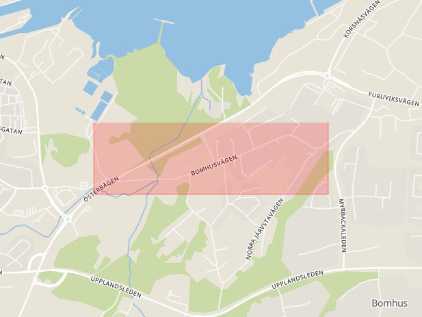 Karta som med röd fyrkant ramar in Bomhusvägen, Gävle, Gävleborgs län