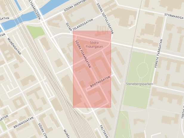 Karta som med röd fyrkant ramar in Södra Fiskargatan, Gävle, Gävleborgs län