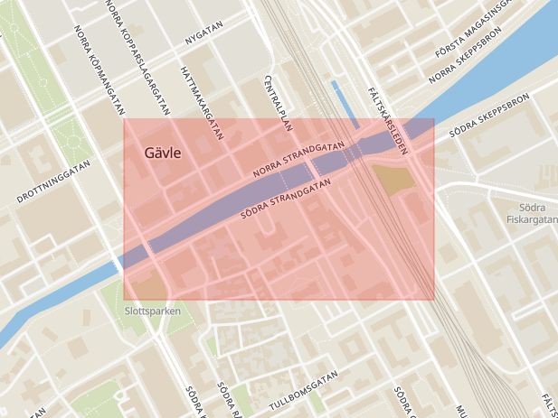 Karta som med röd fyrkant ramar in Södra Strandgatan, Gävle, Gävleborgs län