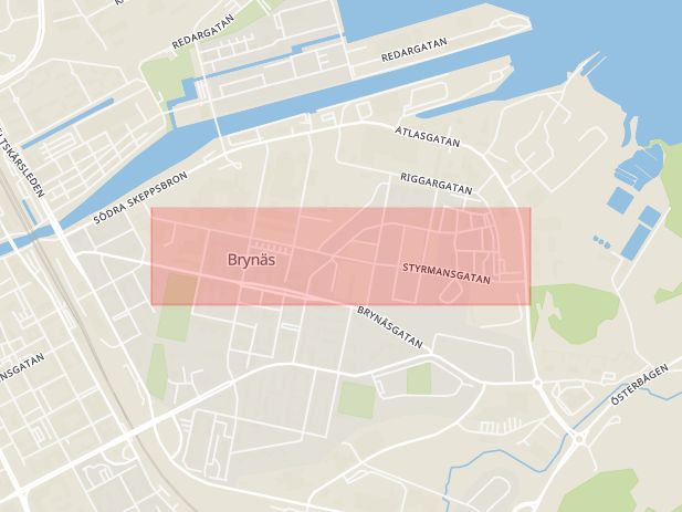 Karta som med röd fyrkant ramar in Styrmansgatan, Brynäs, Gävle, Gävleborgs län