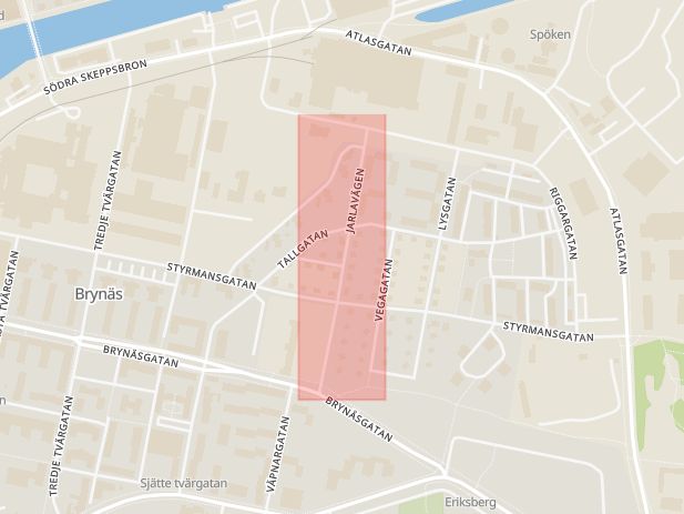 Karta som med röd fyrkant ramar in Brynäs, Jarlavägen, Gävle, Gävleborgs län