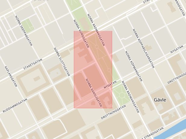 Karta som med röd fyrkant ramar in Ruddammsgatan, Hattmakargatan, Gävle, Gävleborgs län