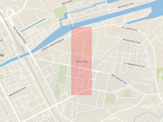 Karta som med röd fyrkant ramar in Brynäs, Tredje Tvärgatan, Gävle, Gävleborgs län