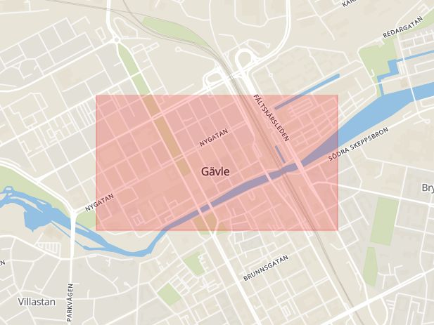 Karta som med röd fyrkant ramar in Drottninggatan, Gävle, Gävleborgs län