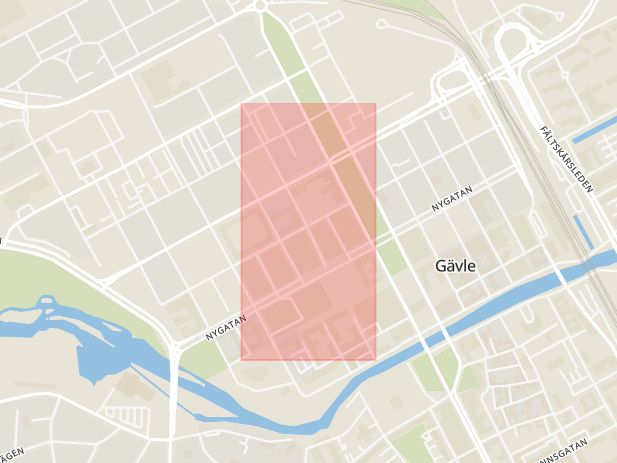 Karta som med röd fyrkant ramar in Norra Slottsgatan, Gävle, Gävleborgs län