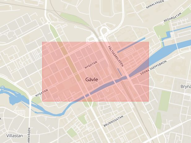 Karta som med röd fyrkant ramar in Drottninggatan, Gävle, Gävleborgs län