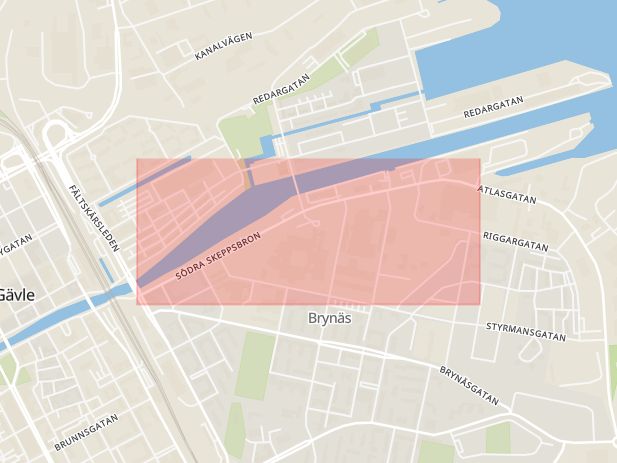 Karta som med röd fyrkant ramar in Södra Skeppsbron, Gävle, Gävleborgs län
