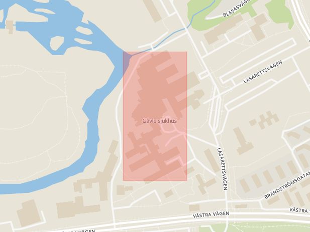 Karta som med röd fyrkant ramar in Gävle Sjukhus, Älvkarleby, Gävleborgs län