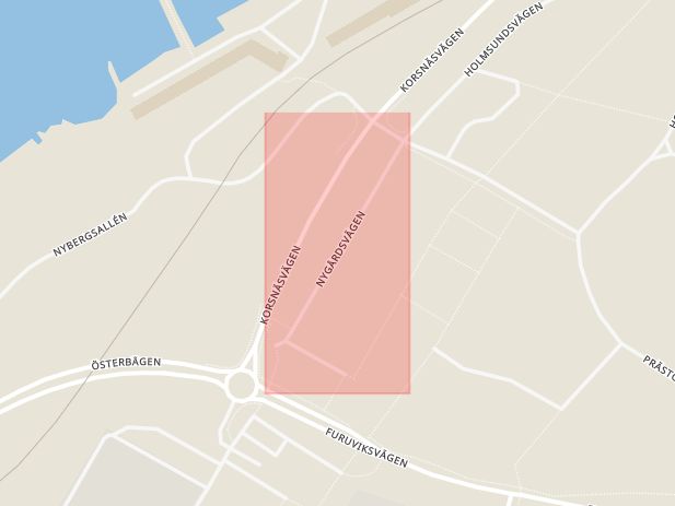 Karta som med röd fyrkant ramar in Bomhus, Nygårdsvägen, Gävle, Gävleborgs län
