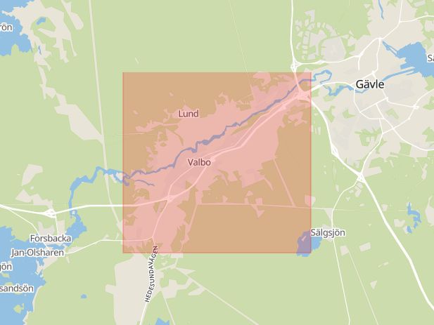 Karta som med röd fyrkant ramar in Valbo, Vila, Gävle, Gävleborgs län
