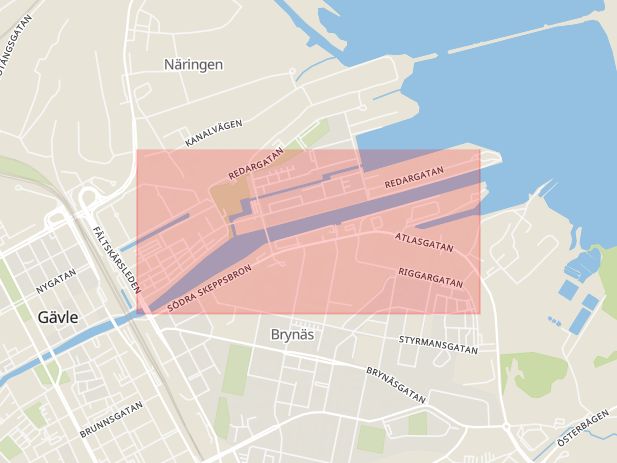 Karta som med röd fyrkant ramar in Brynäs, Norra Skeppsbron, Gävle, Gävleborgs län