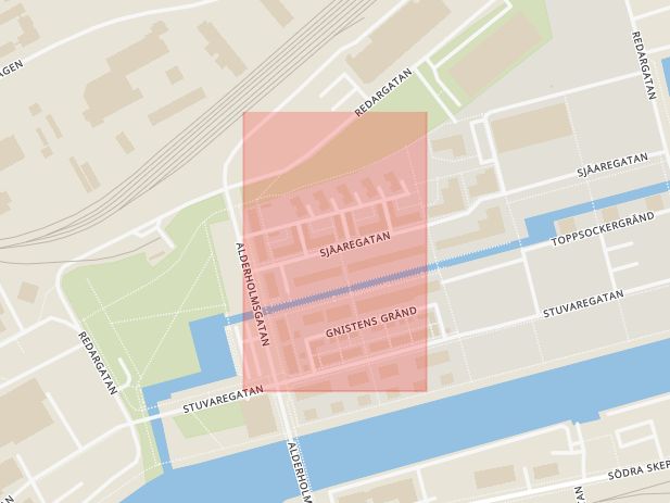 Karta som med röd fyrkant ramar in Sjåaregatan, Gävle, Gävleborgs län