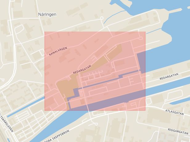 Karta som med röd fyrkant ramar in Alderholmen, Redargatan, Gävle, Gävleborgs län