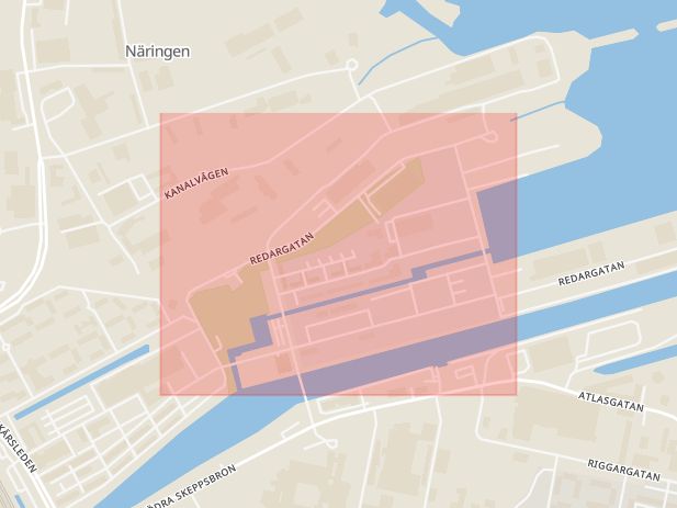 Karta som med röd fyrkant ramar in Redargatan, Gävle, Gävleborgs län