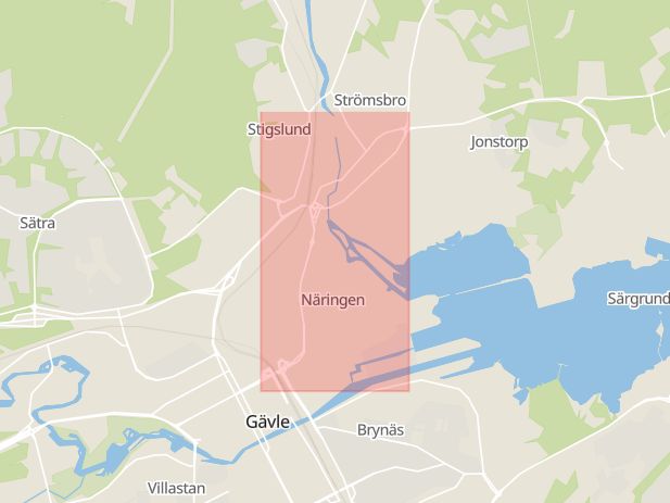 Karta som med röd fyrkant ramar in Strömsbrovägen, Gävle, Gävleborgs län