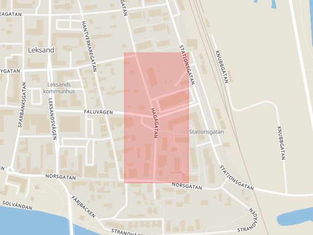 Karta som med röd fyrkant ramar in Faluvägen, Hagagatan, Leksand, Dalarnas län