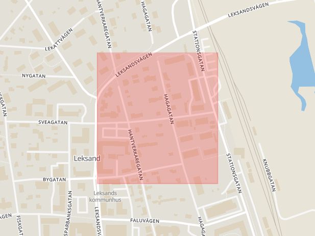 Karta som med röd fyrkant ramar in Villagatan, Leksand, Dalarnas län