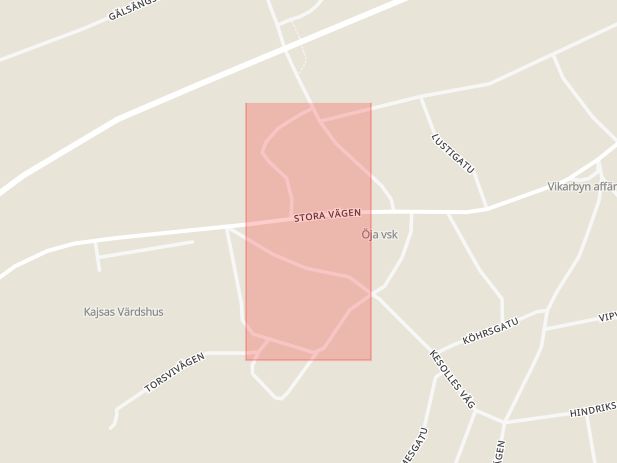 Karta som med röd fyrkant ramar in Vikarbyn, Mora Lasarett, Rättvik, Dalarnas län