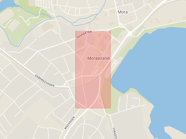 Karta som med röd fyrkant ramar in Kyrkogatan, Mora, Dalarnas län