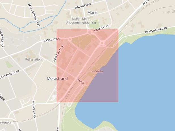 Karta som med röd fyrkant ramar in Strandgatan, Mora, Dalarnas län