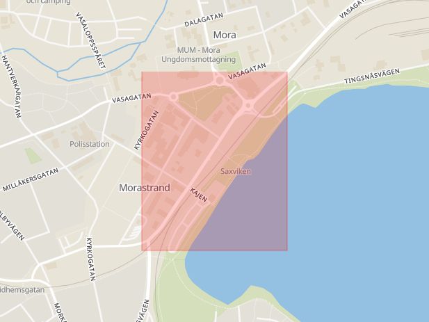 Karta som med röd fyrkant ramar in Strandgatan, Mora, Dalarnas län