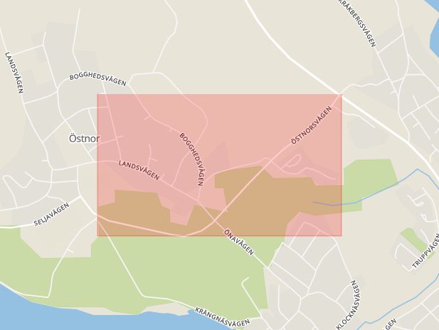 Karta som med röd fyrkant ramar in Östnorsvägen, Mora, Dalarnas län