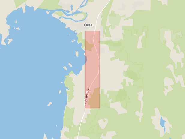Karta som med röd fyrkant ramar in Moravägen, Orsa, Dalarnas län