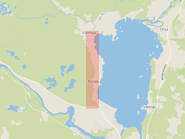 Karta som med röd fyrkant ramar in Våmhusvägen, Mora, Dalarnas län