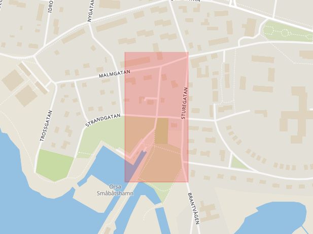 Karta som med röd fyrkant ramar in Kanalgatan, Strandgatan, Orsa, Dalarnas län