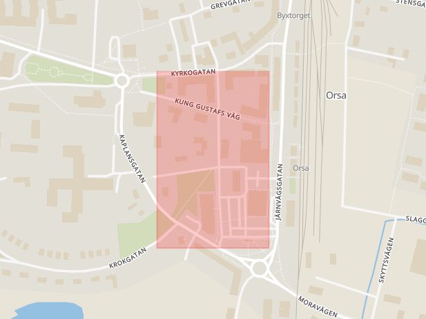 Karta som med röd fyrkant ramar in Centralgatan, Orsa, Dalarnas län