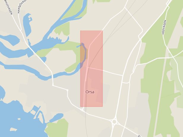 Karta som med röd fyrkant ramar in Järnvägsgatan, Orsa, Dalarnas län