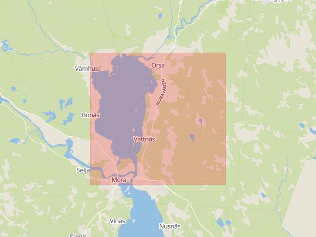 Karta som med röd fyrkant ramar in Orsasjön, Orsa, Dalarnas län