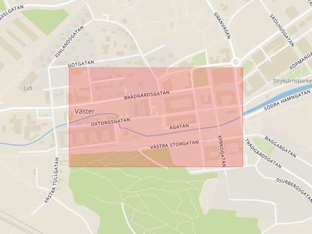 Karta som med röd fyrkant ramar in Oxtorgsgatan, Söderhamn, Gävleborgs län