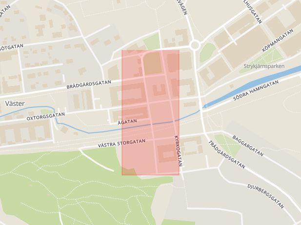 Karta som med röd fyrkant ramar in Rådhusgatan, Söderhamn, Gävleborgs län