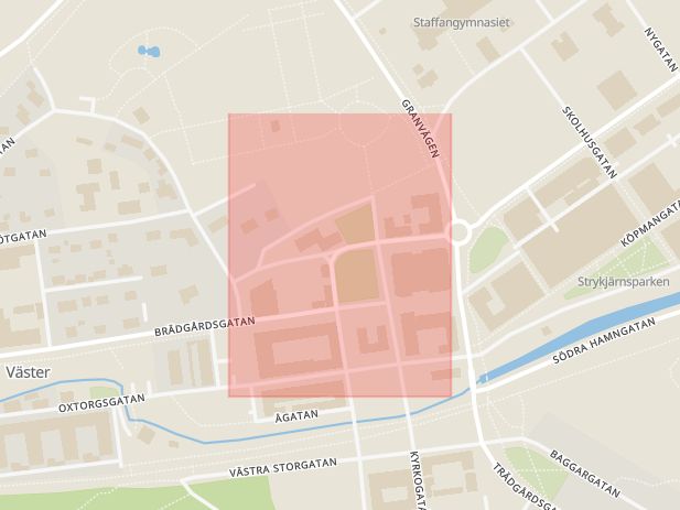 Karta som med röd fyrkant ramar in Prästgårdsgatan, Söderhamn, Gävleborgs län