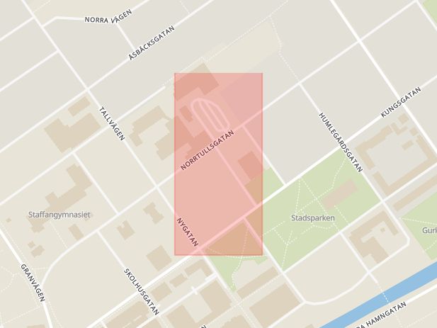 Karta som med röd fyrkant ramar in Norrtullsgatan, Källgatan, Söderhamn, Gävleborgs län
