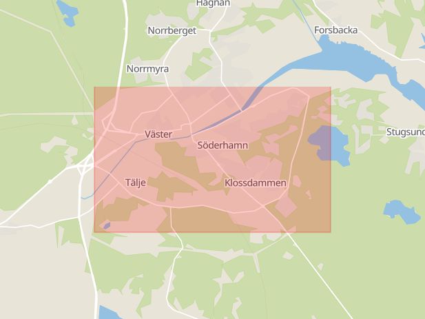Karta som med röd fyrkant ramar in Södra Tvärleden, Söderhamn, Gävleborgs län