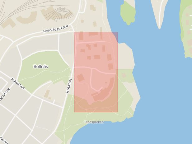 Karta som med röd fyrkant ramar in Stenbomsgatan, Bollnäs, Gävleborgs län