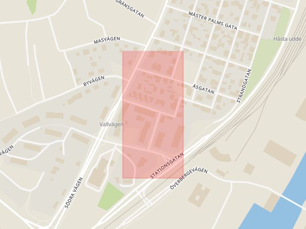 Karta som med röd fyrkant ramar in Backgatan, Hudiksvall, Gävleborgs län