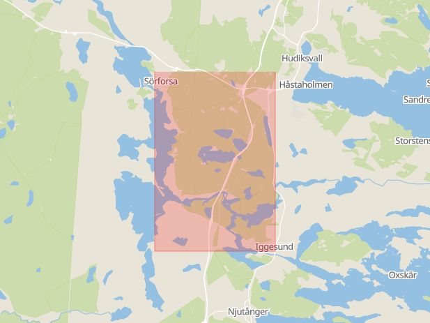 Karta som med röd fyrkant ramar in Forsavägen, Hudiksvall, Gävleborgs län