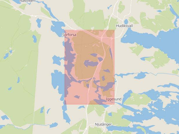 Karta som med röd fyrkant ramar in Forsåvägen, Hudiksvalls Kommun, Iggesund, Sörforsa, Hudiksvall, Gävleborgs län