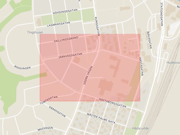 Karta som med röd fyrkant ramar in Järnvägsgatan, Hudiksvall, Gävleborgs län