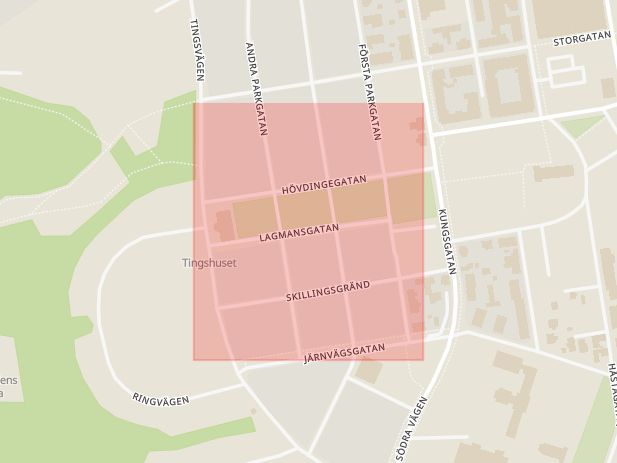 Karta som med röd fyrkant ramar in Lagmansgatan, Hudiksvall, Gävleborgs län