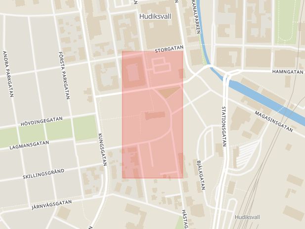 Karta som med röd fyrkant ramar in Kungsgatan, Svenska Kyrkan, Hudiksvall, Gävleborgs län