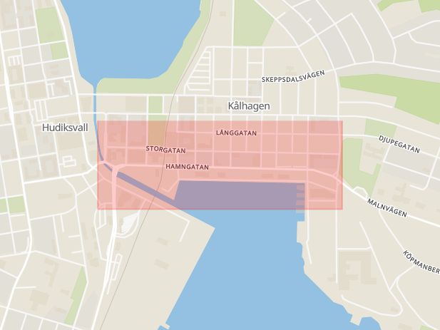 Karta som med röd fyrkant ramar in Hamngatan, Hudiksvall, Gävleborgs län