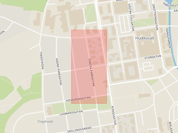 Karta som med röd fyrkant ramar in Första Parkgatan, Storgatan, Hudiksvall, Gävleborgs län