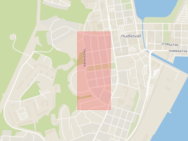 Karta som med röd fyrkant ramar in Tingsvägen, Hudiksvall, Gävleborgs län